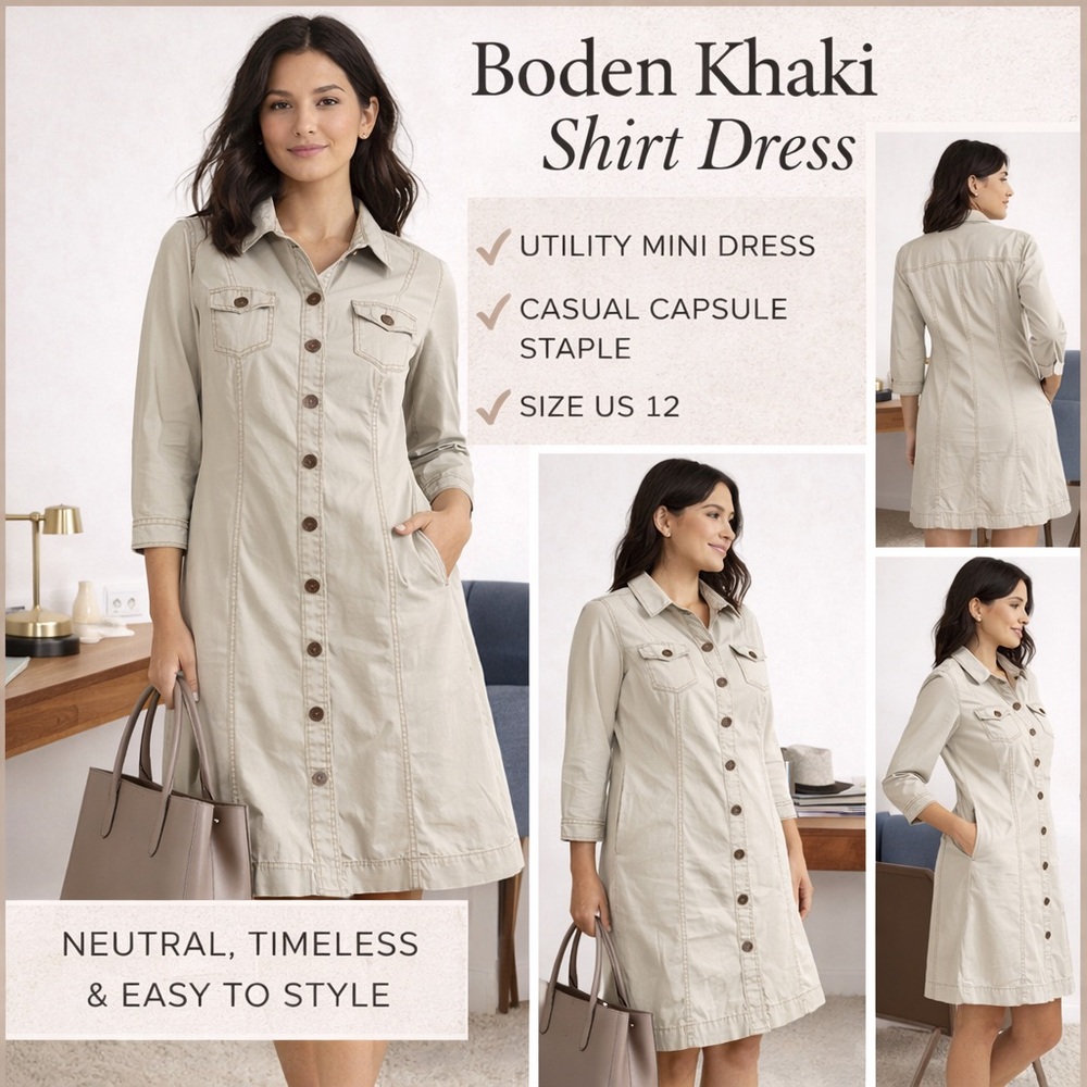 Boden Khaki Shirt Dress Button Front Utility Mini Dress 3/4 Sleeve Size‎ US 12